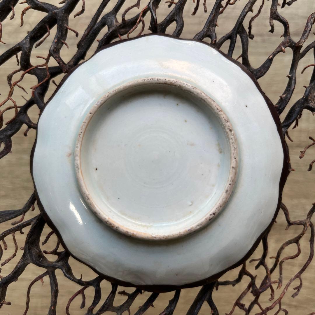 骨董　中国　古陶　清朝　粉彩　十錦手　希少　暗色色絵　波縁　豆皿　小皿　２客