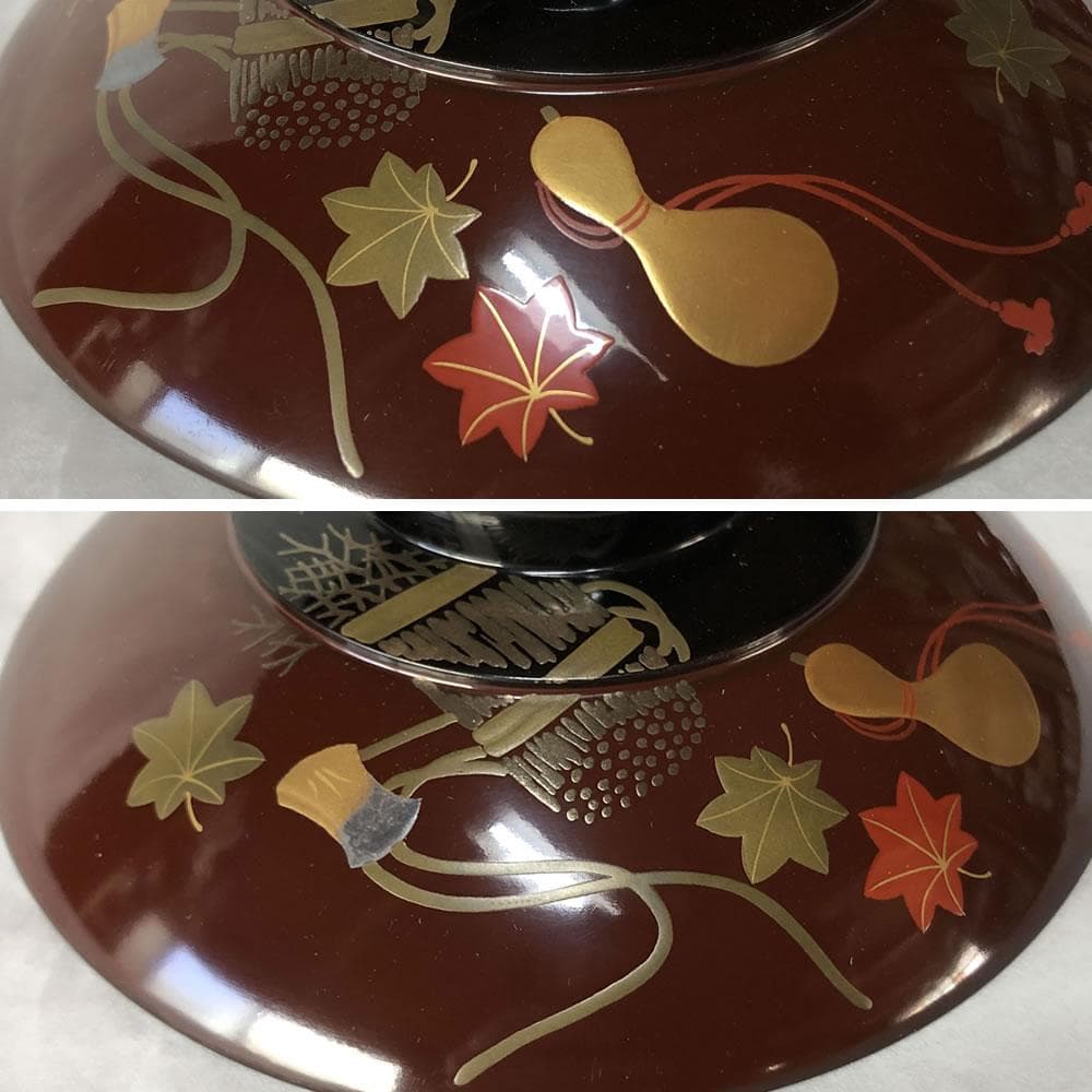 e2641 蒔絵 吸物椀 十客 木箱入り 瓢箪 紅葉 打出の小槌 木製 漆塗