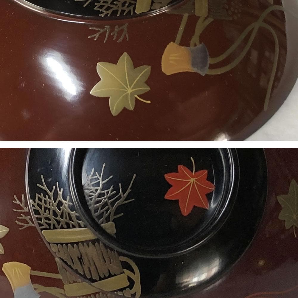e2641 蒔絵 吸物椀 十客 木箱入り 瓢箪 紅葉 打出の小槌 木製 漆塗