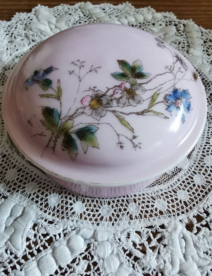 アンティーク リモージュ 手描き山野草 トリンケットジュエリーケース 蓋付陶器