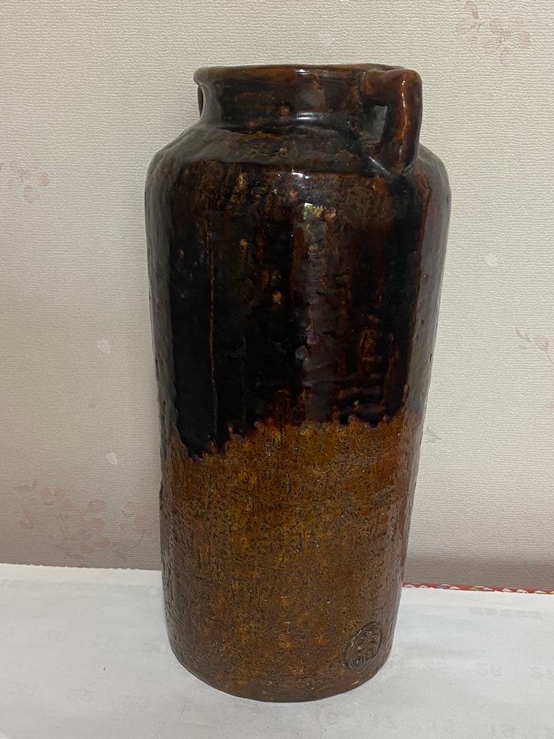 ♦希少！大樋焼 時代物 飴釉箆面取り 双耳壺 瓶 華道 茶道具 花生け 骨董品
