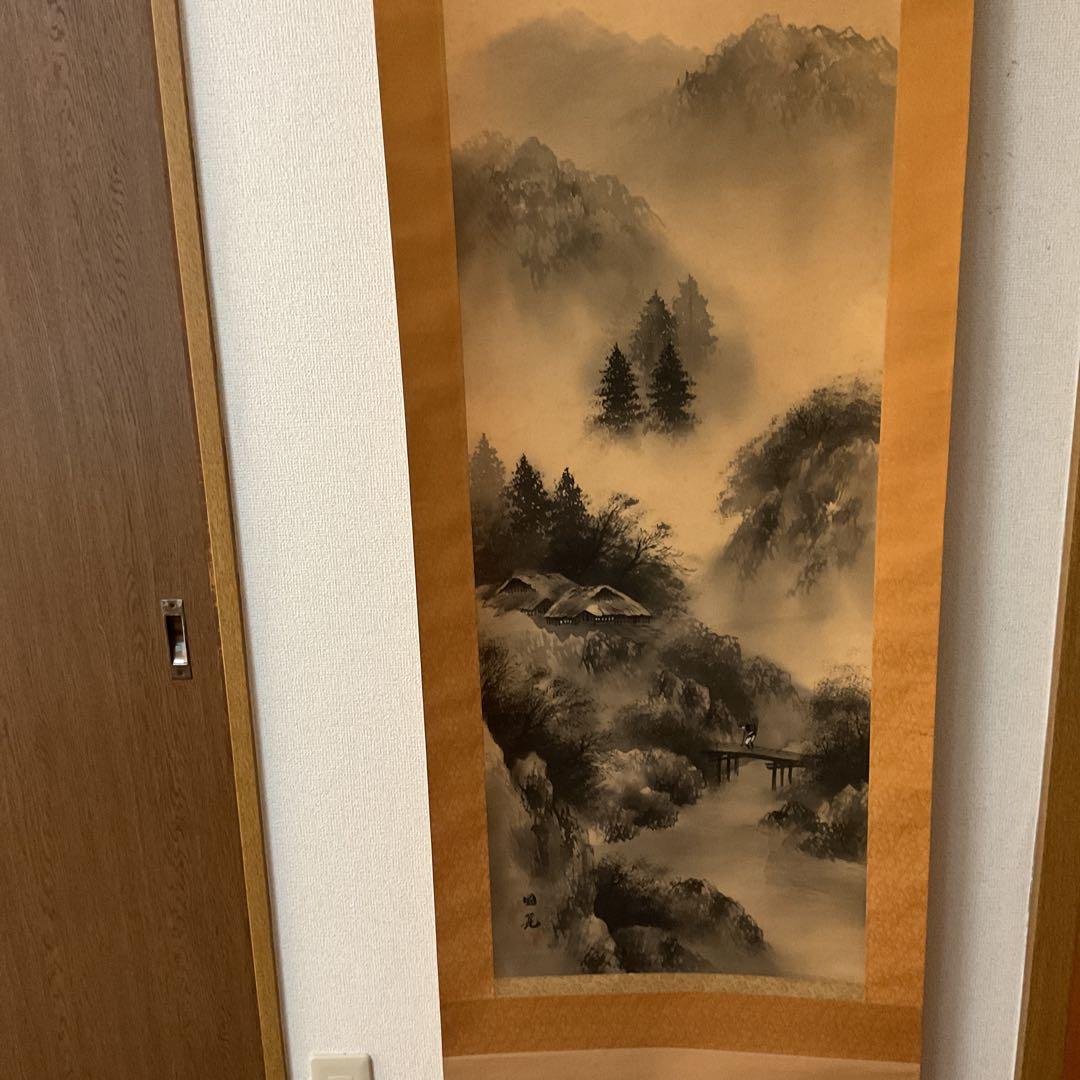 絹本水墨山水図 【 国 麗 筆 】落款印譜在 長閑な山村風景画