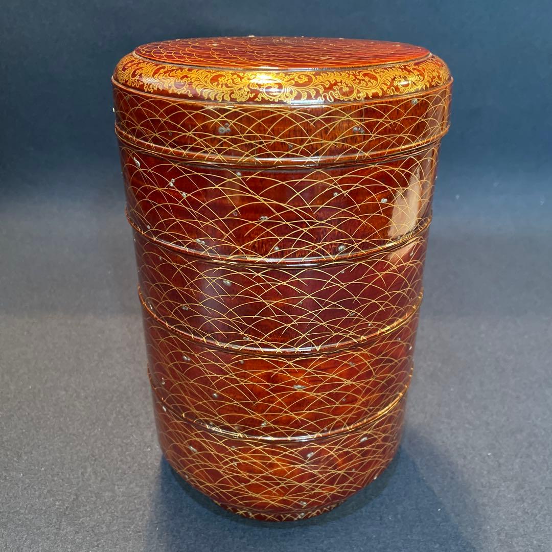 時代物「秋草に露 蒔絵」の『丸型重箱』仕覆・共箱付※美品　重箱　野弁当箱　漆器