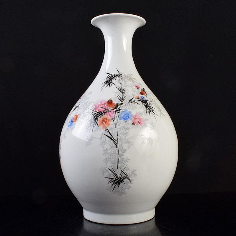 中国　余海犮作　景徳鎮製款　粉彩　漢詩花鳥文　玉壺春瓶　証明書付　MR9302B