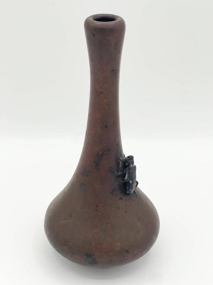 亀文堂 花瓶 胡麻斑天牛 金色 刻印 宣徳銅 象嵌 虫盛上 一輪