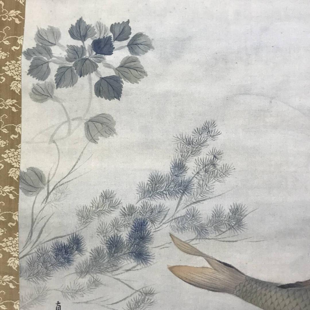 【真作】田能村直雙/鯉図/遊鯉図/コイ図/双鯉図/掛軸/名家伝来/AD-270