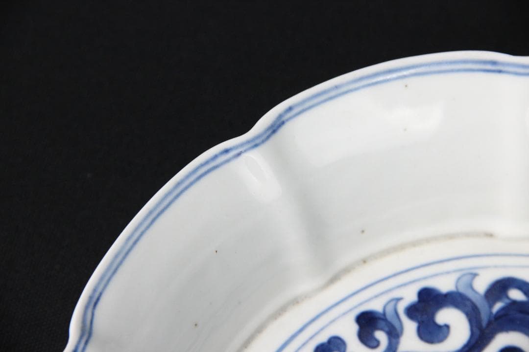 中国 清代 染付　青花双龍戯珠図 花口洗 大明宣徳年製 文房具　皿 FJ9-10