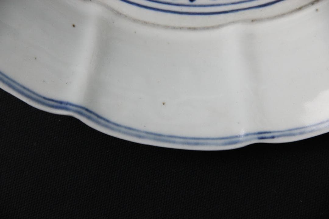 中国 清代 染付　青花双龍戯珠図 花口洗 大明宣徳年製 文房具　皿 FJ9-10