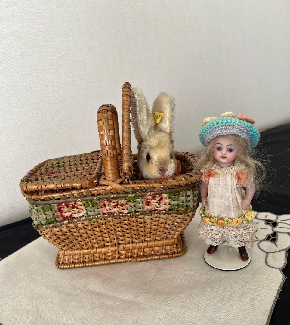 【アンティーク】ローズパニエ　籐バスケット　ローズペイント　フランスアンティーク