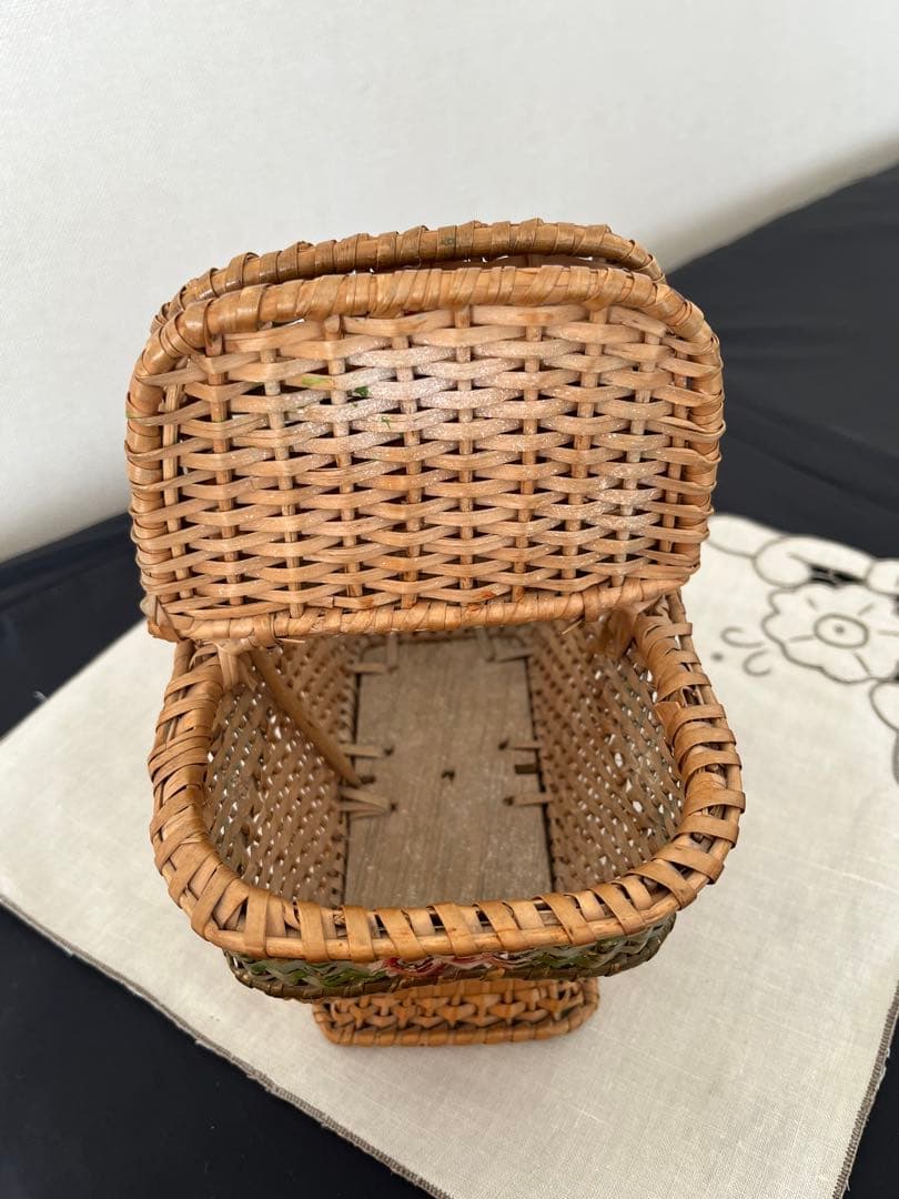 【アンティーク】ローズパニエ　籐バスケット　ローズペイント　フランスアンティーク