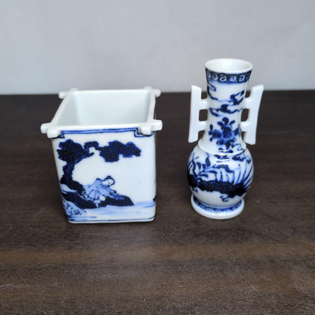 川瀬竹春 作 染付 山水漁夫文 茶巾筒＆在銘 染付 花鳥文 箸立 2点セット