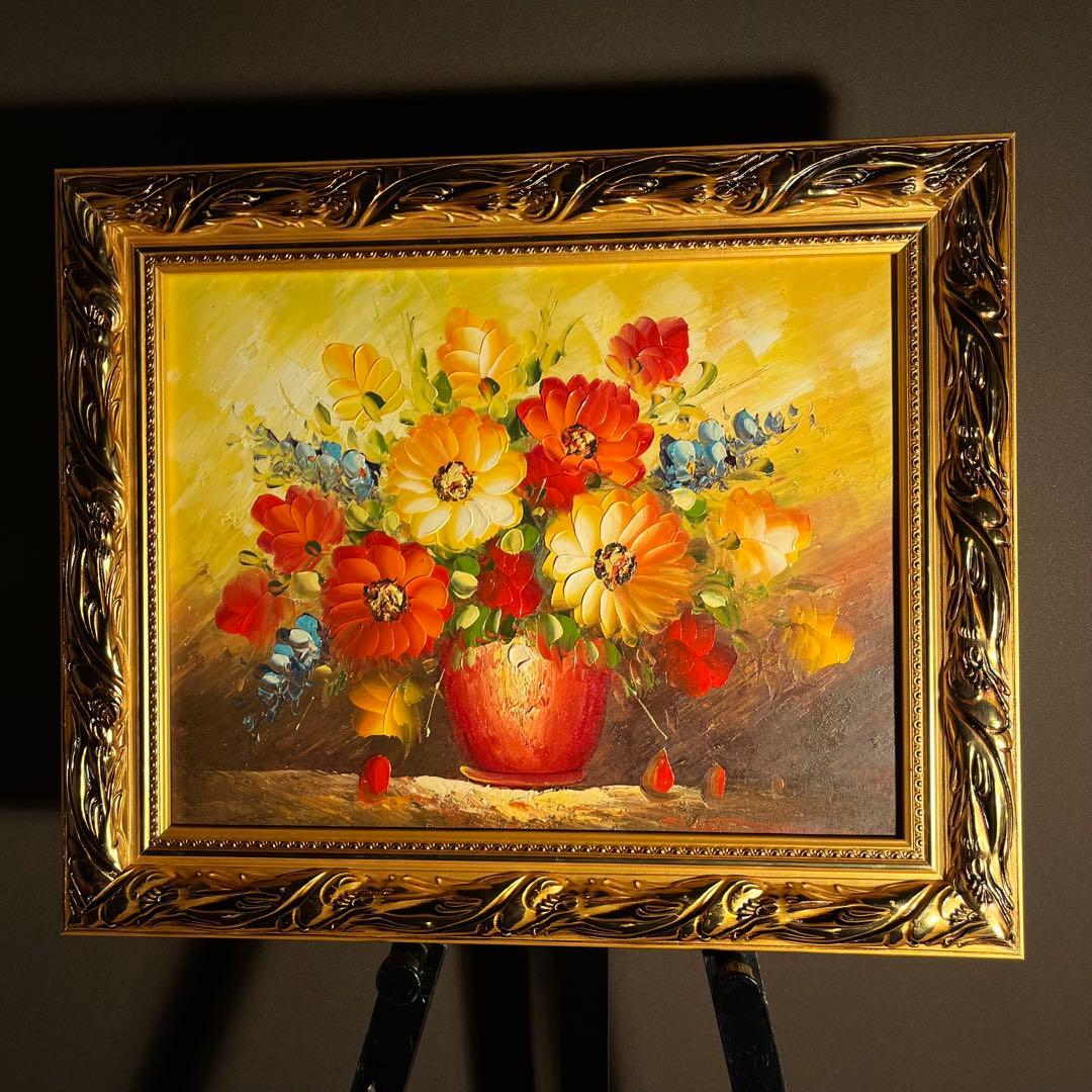 手描き油絵 花瓶の花 額付 インテリア 油彩画 肉筆絵画