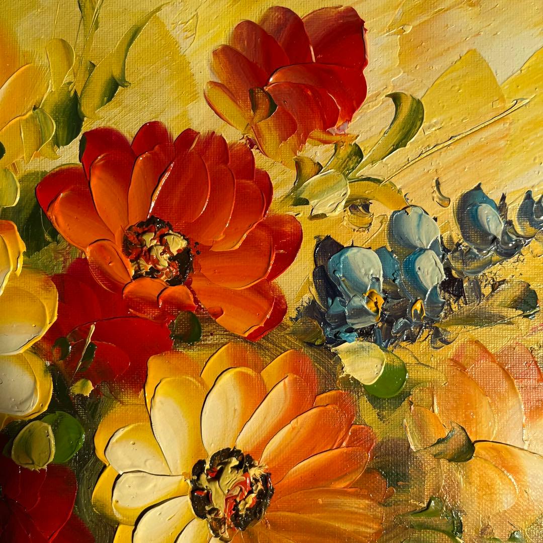 手描き油絵 花瓶の花 額付 インテリア 油彩画 肉筆絵画