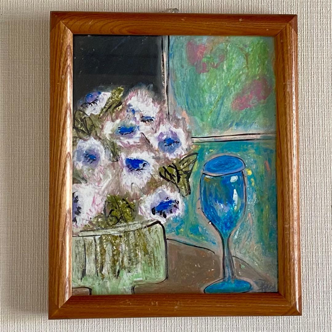 絵画 。壁掛け絵☆【そよ風が吹いてきて、窓の前の花がきれいでグラスがきれいだ】