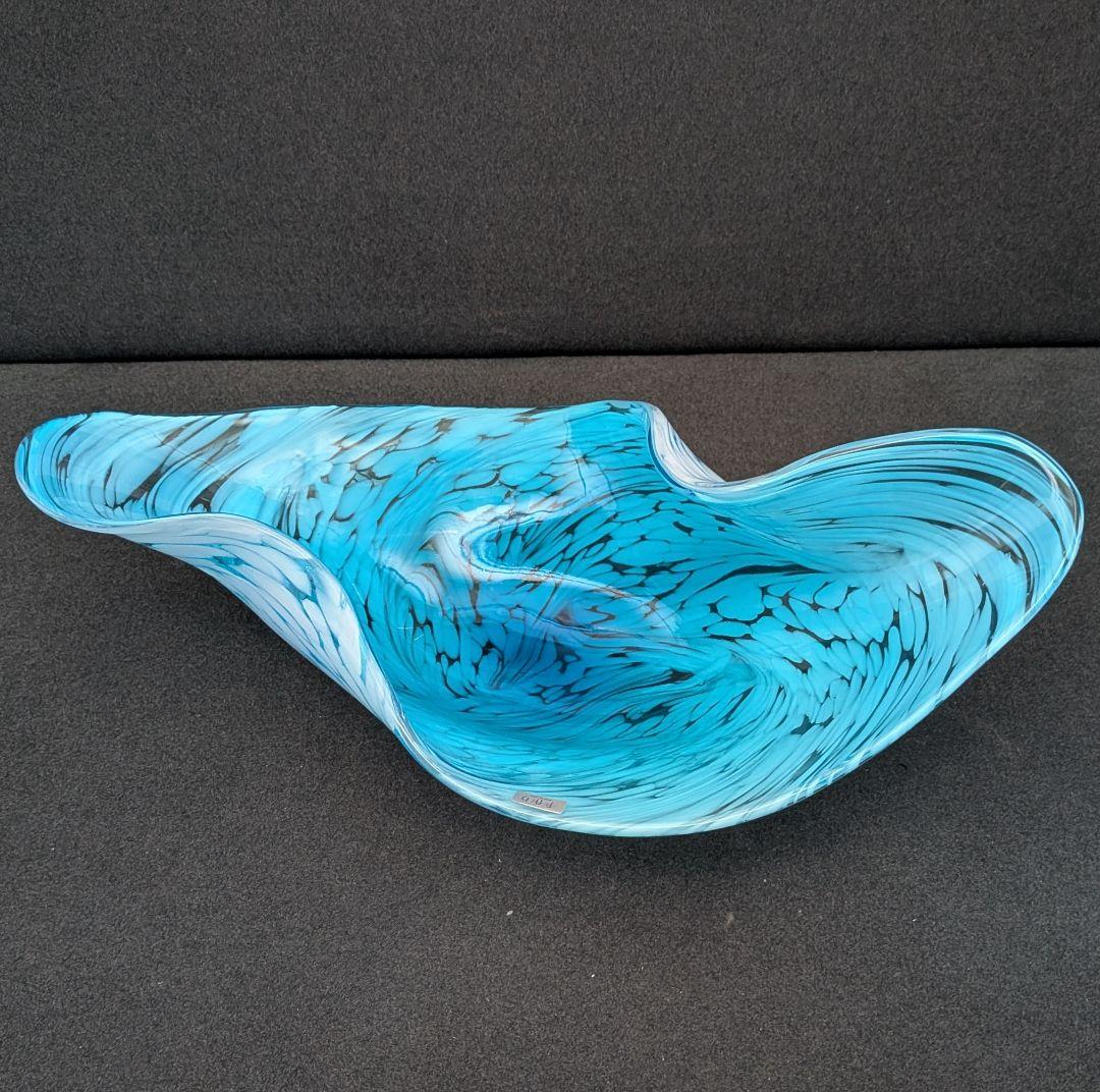 青色ガラス 水盤 花器 大型 48cm モダンアート ガラス工芸 一点物風