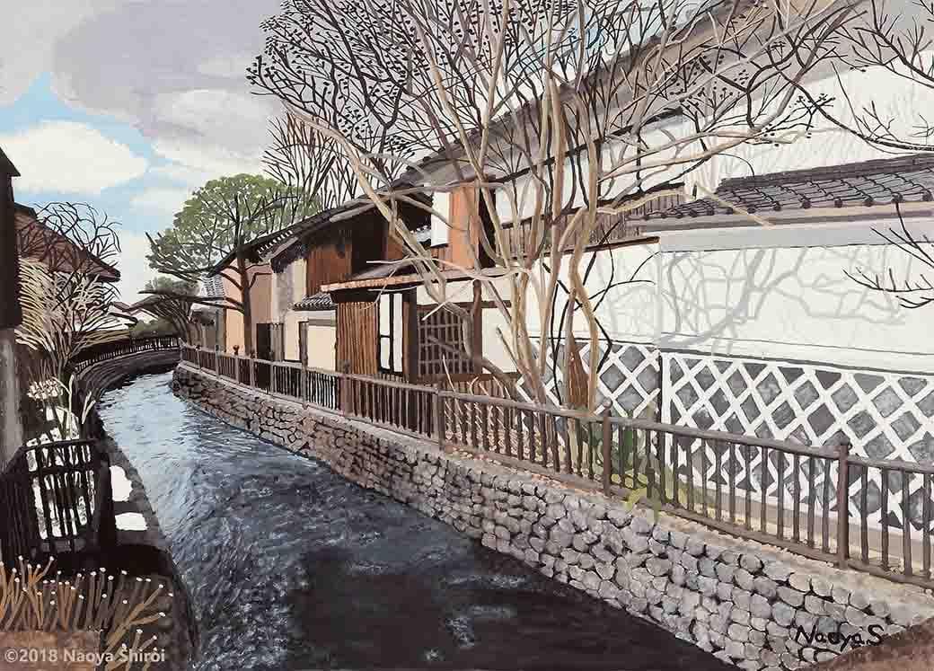 水彩画　ジクレー版画「災除川と白壁土蔵」（うきは市吉井町）