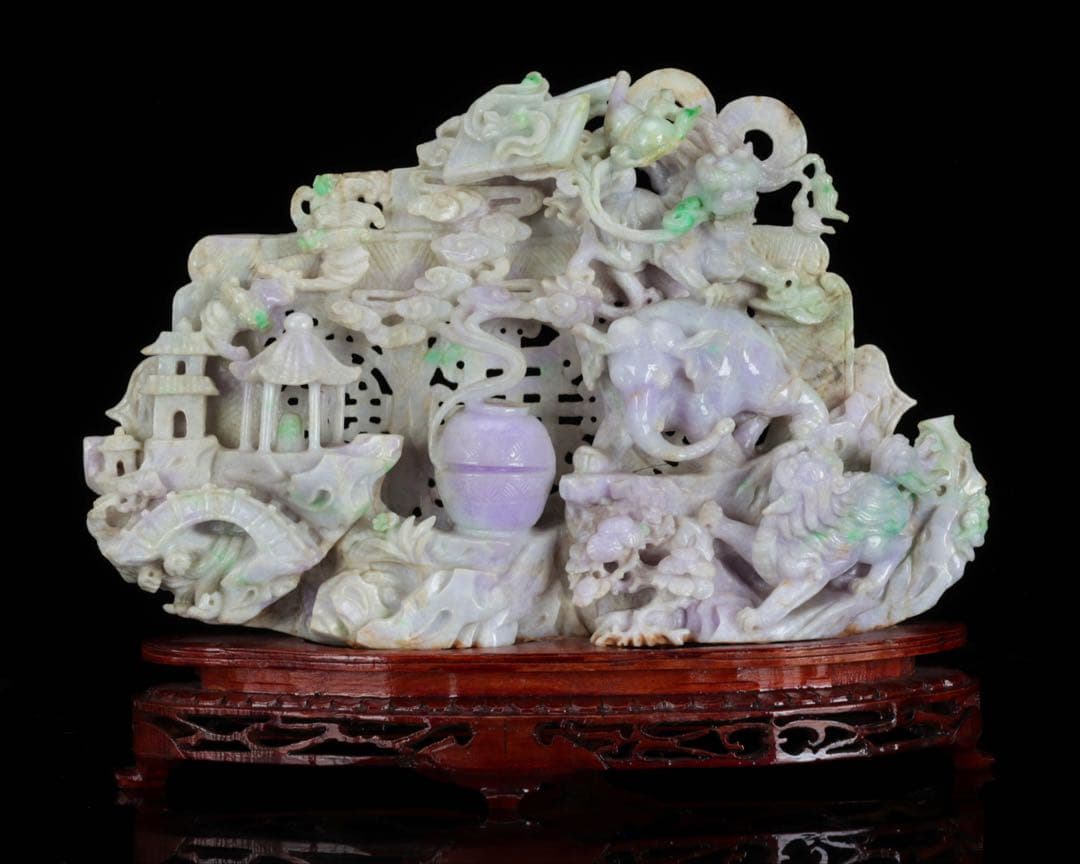 【希少美品】ラベンダー翡翠精緻彫刻置物 龍獅子象楼閣吉祥文字透かし 飾台座付