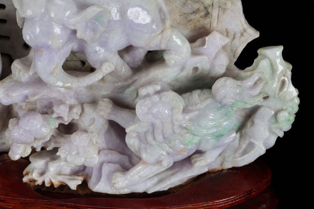 【希少美品】ラベンダー翡翠精緻彫刻置物 龍獅子象楼閣吉祥文字透かし 飾台座付