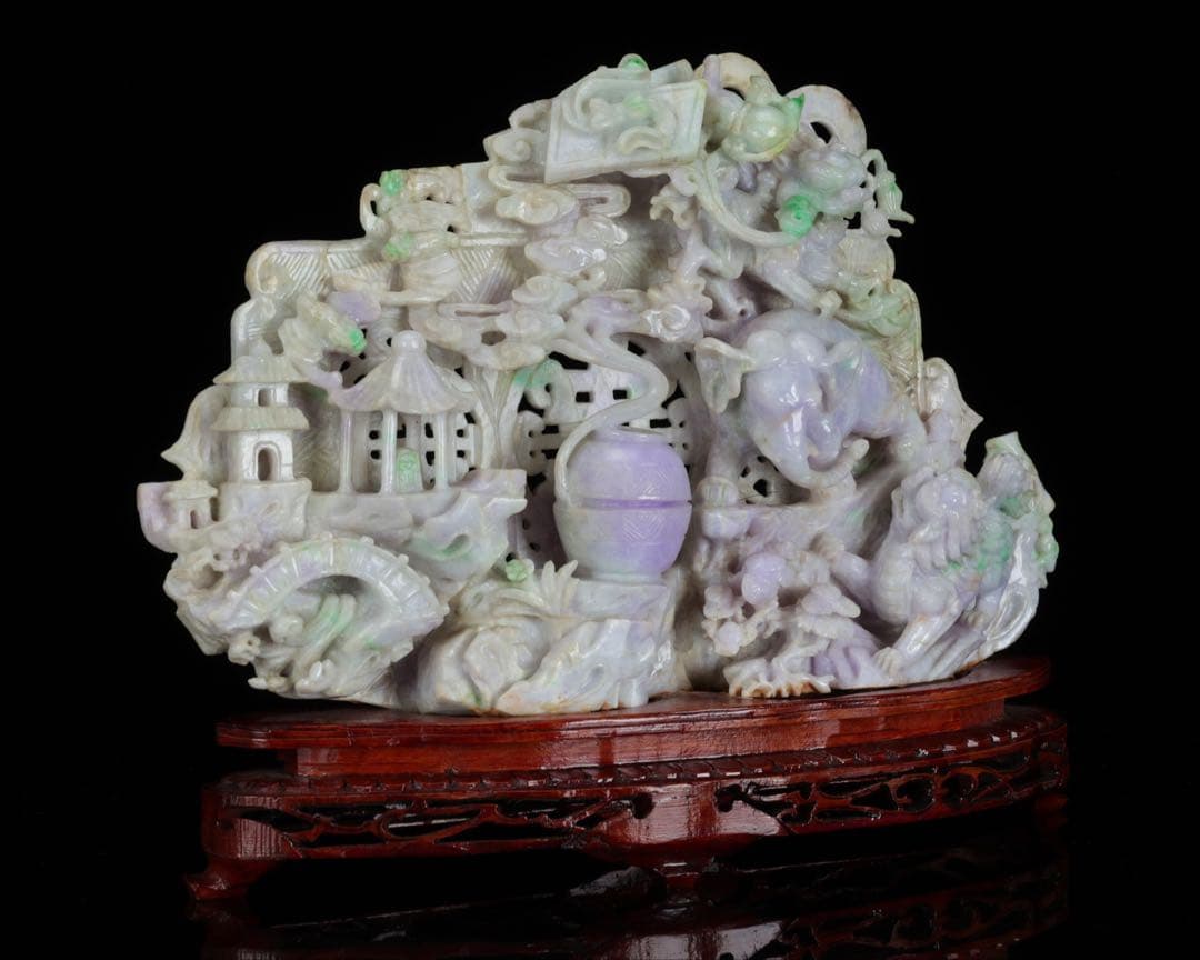 【希少美品】ラベンダー翡翠精緻彫刻置物 龍獅子象楼閣吉祥文字透かし 飾台座付