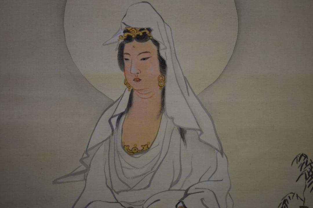 真作/岡田紫郊/岩上観音図/布袋屋掛軸HE-275