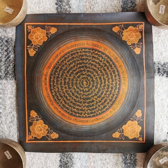 オンマニペメフム　マントラ　曼荼羅　花　：　タンカ　仏画（額縁なし）