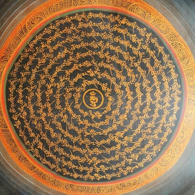 オンマニペメフム　マントラ　曼荼羅　花　：　タンカ　仏画（額縁なし）