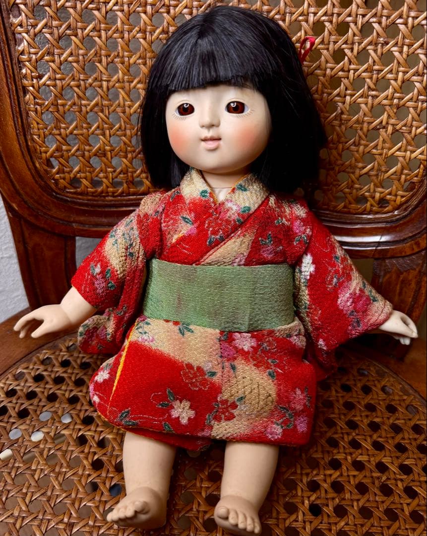 京おさな人形？ 創作人形 女の子 赤い着物 20cm 縮緬 詳細不明