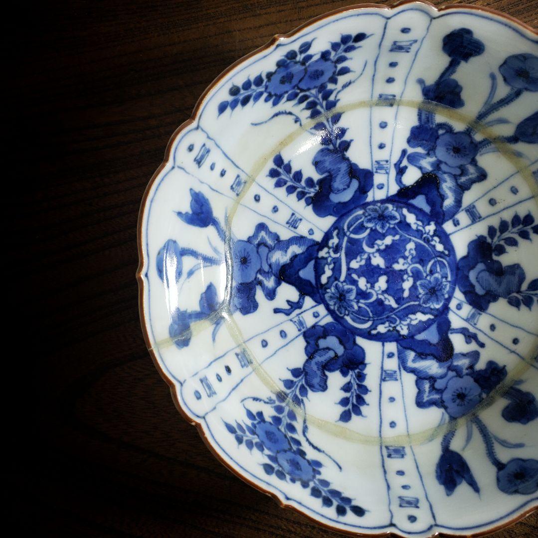 古伊万里　染付　なます皿　芙蓉手　花図　花唐草　訳あり　ガラス継ぎ　ハ号　江戸