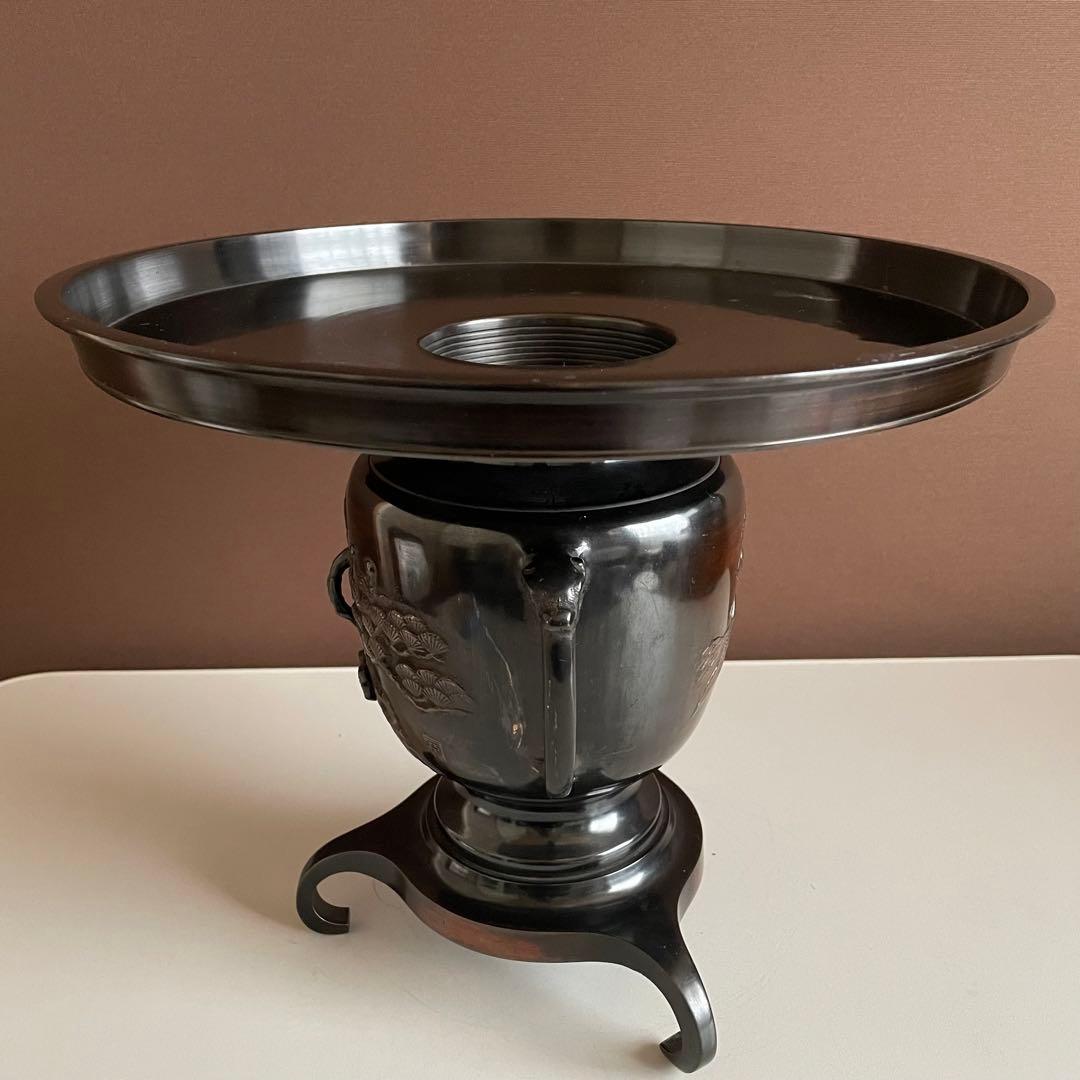 銅花器 薄端 松と鶴 在銘 銅花器 唐銅 茶道具華道具 重さ5.45kg  03