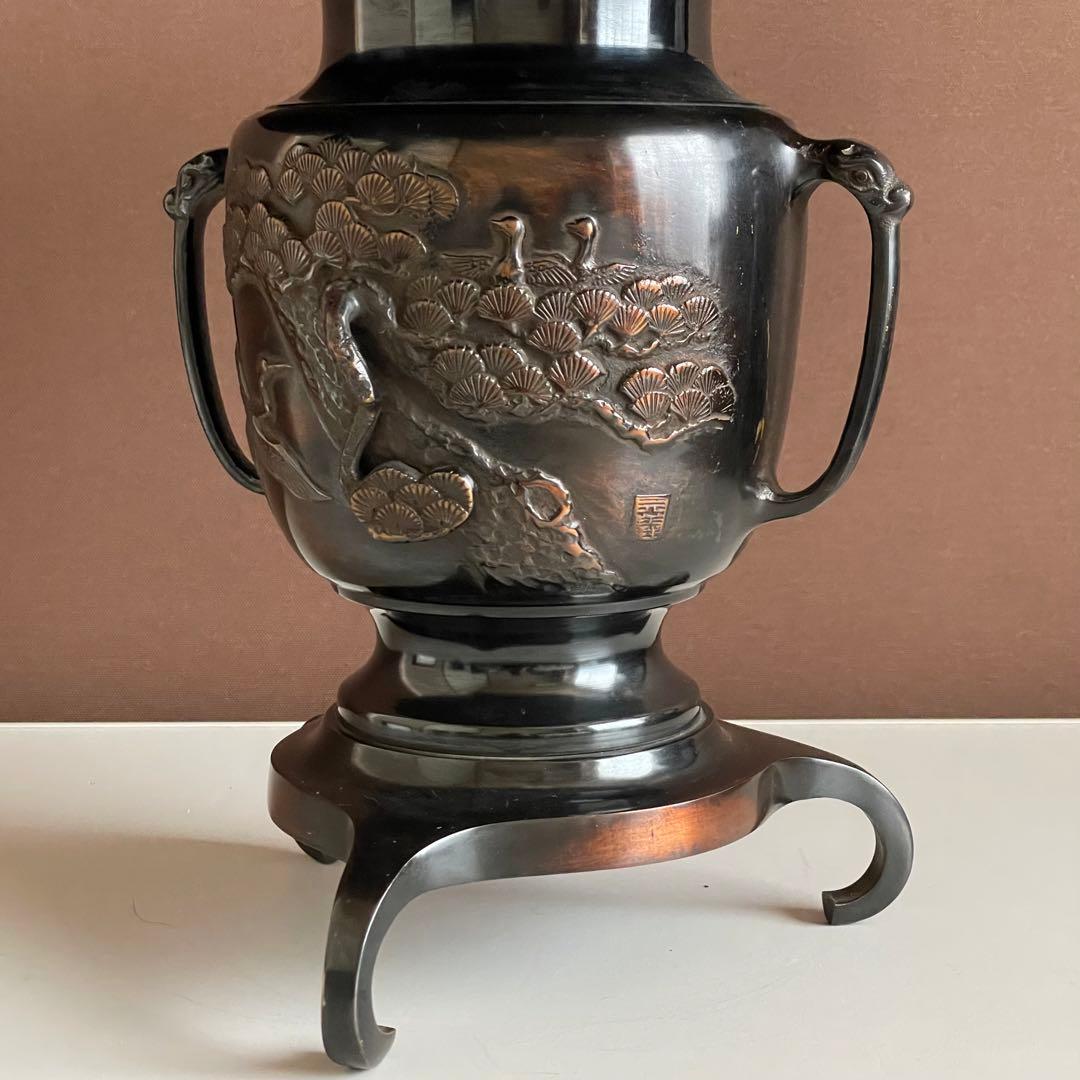 銅花器 薄端 松と鶴 在銘 銅花器 唐銅 茶道具華道具 重さ5.45kg  03