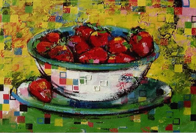 油絵 菅家令 絵 絵画インテリア額付(青緑＋金色の枠) uF6-061003果物