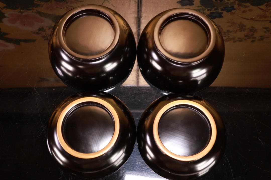 BJ018　輪島塗　布着堅地　盛岡庄五郎 作　縁金 草花金蒔絵椀　二客　木製