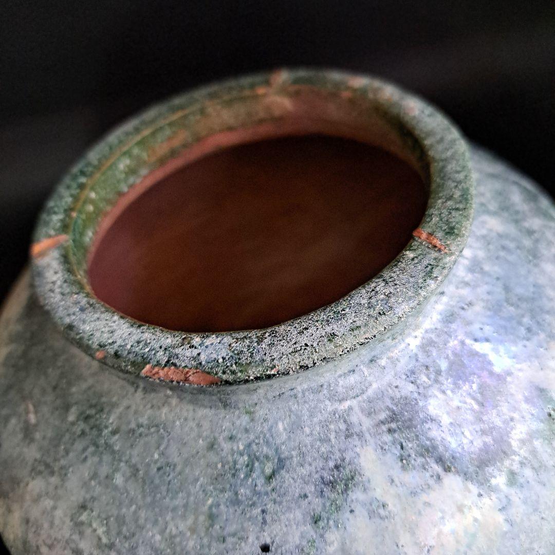 お値下げ中　　発掘品　中国古玩　後漢　一世紀頃　　銀化小壺　緑釉