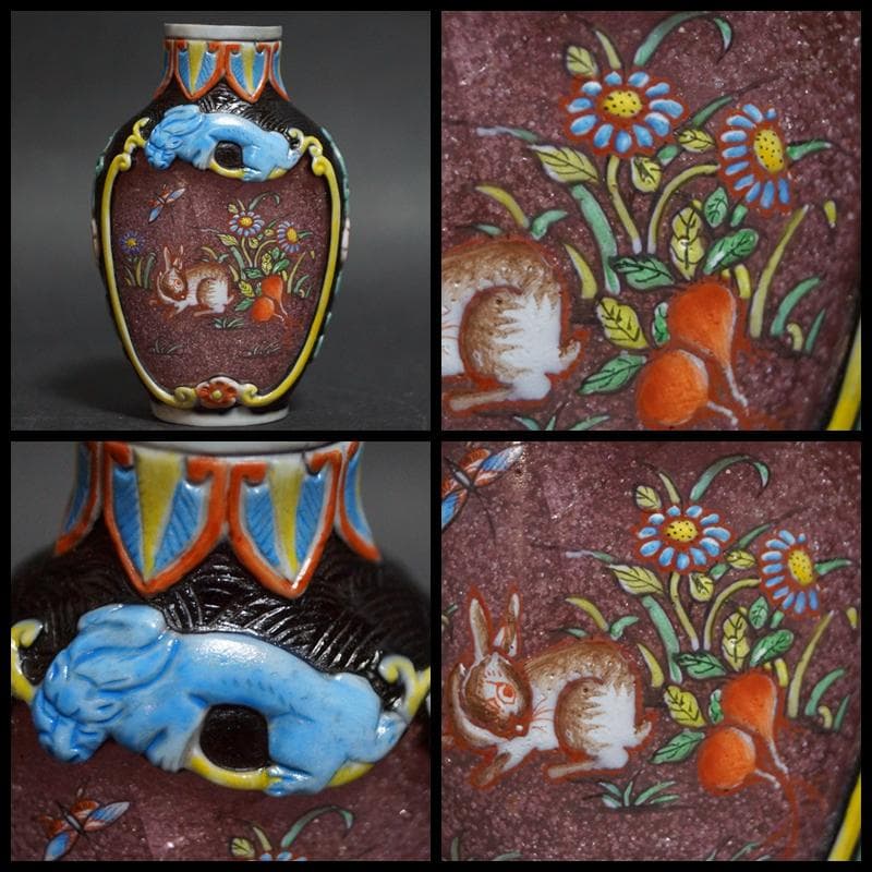 清 乾隆年製 在銘 鼻煙壷 被せガラス彫り窓絵『可愛らしい兎蝶々文』嗅ぎタバコ