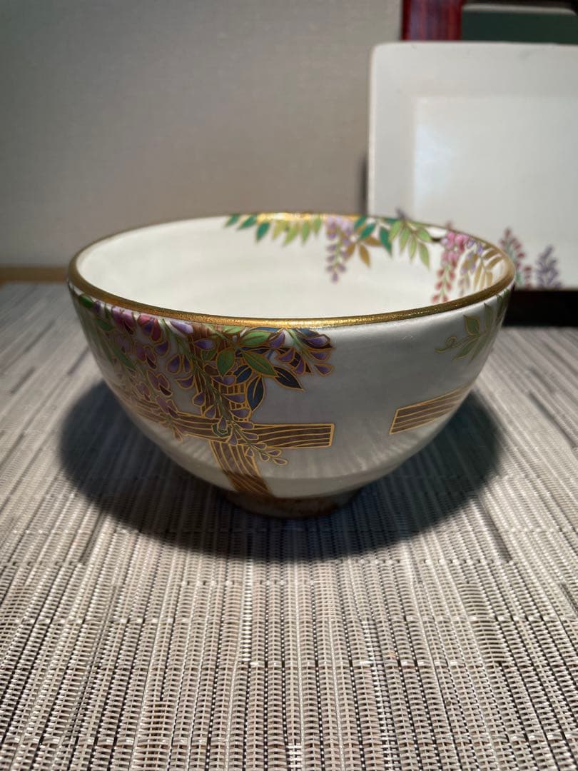 129桑野むつ子 京都 御所の花十二ヶ月【5月 藤の花】抹茶椀・和陶皿 しおり付