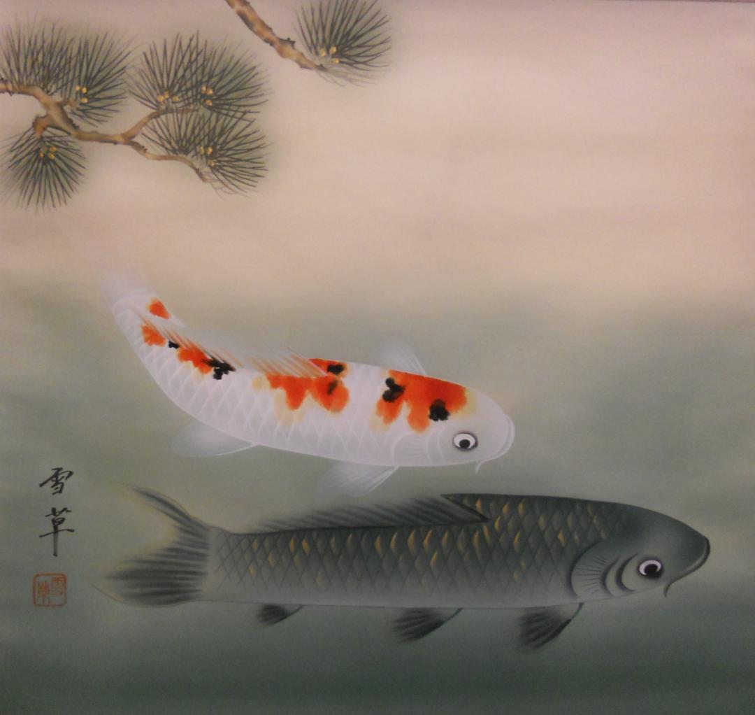 掛け軸 野村雪草 遊鯉 絹本 希少 軸装 茶道具 掛軸 美品 です。