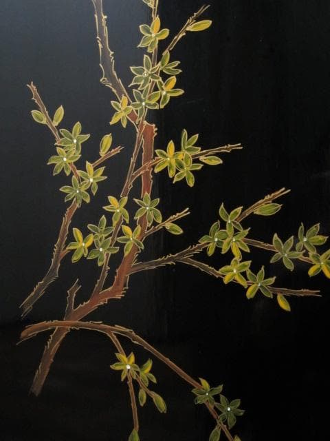 黒漆 中国美術 花鳥図 真鍮金具 茶道具 飾り棚/煎茶棚/キャビネット/書棚