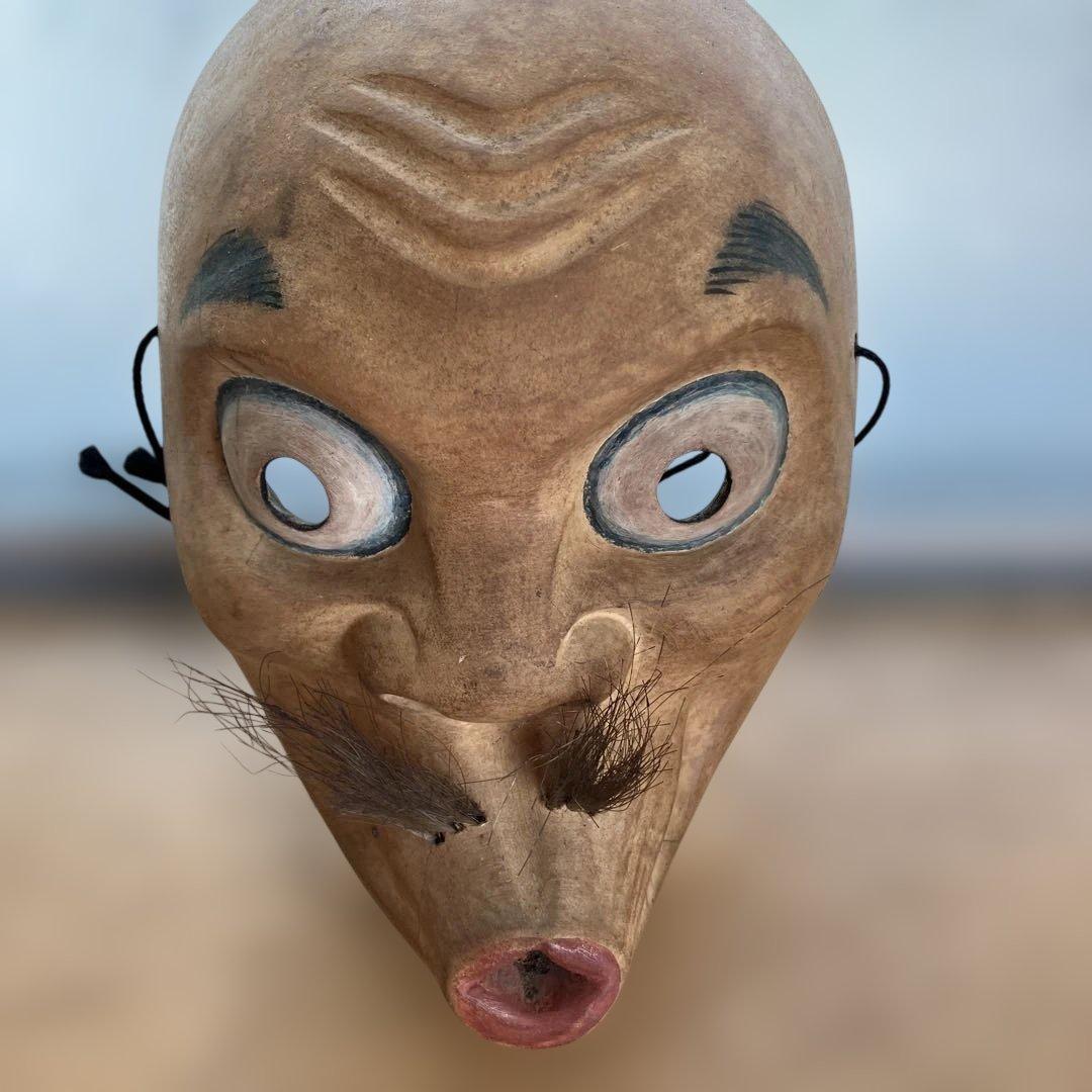 手彫り　木彫彩色　ひょっとこ　髭あり