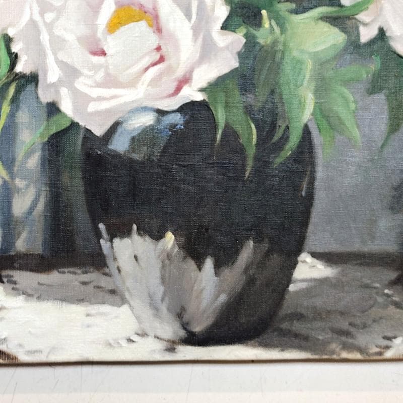 ☆山岸正巳☆「窓辺 牡丹」油絵　F10号　1977年制作　未使用額！