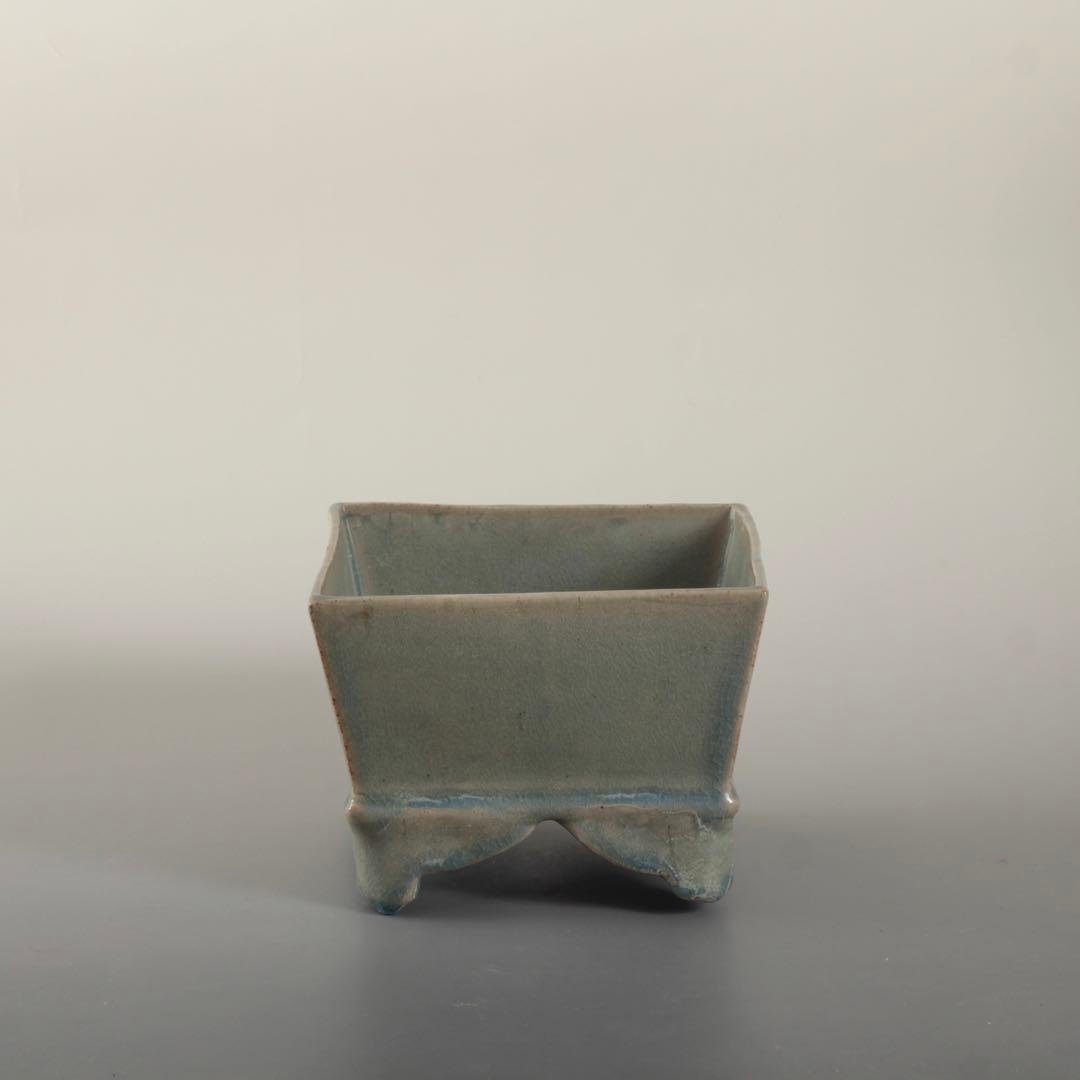 天晴釉 四方形 香炉 倣古 仿汝釉 清朝期？ 中国美術 青磁香炉 古美術 古道具