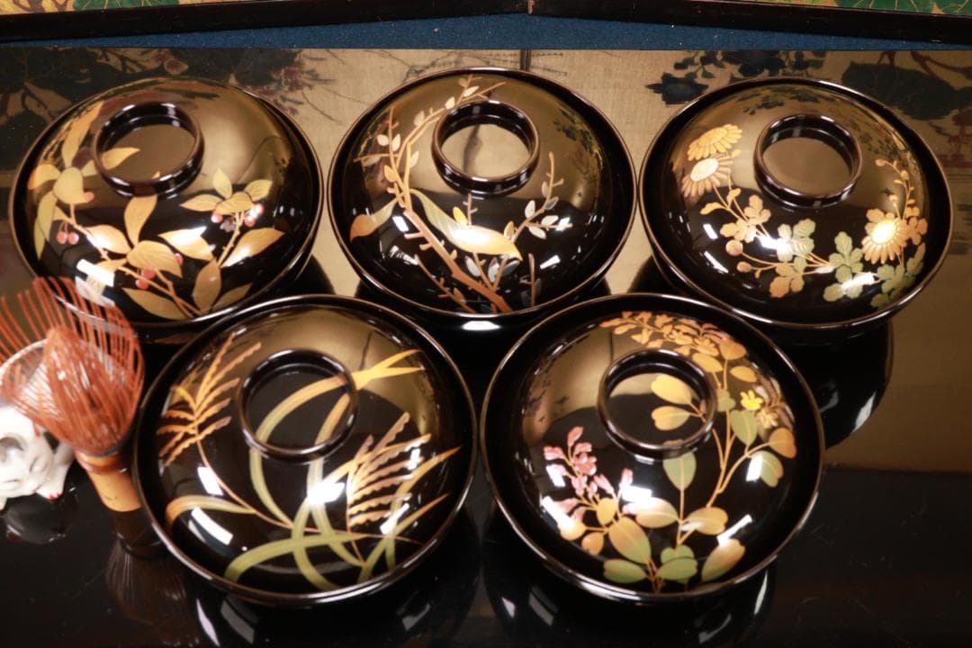 BJ119　時代輪島塗　図替わり　草花蒔絵　吸物椀　五客　木製 懐石 菓子