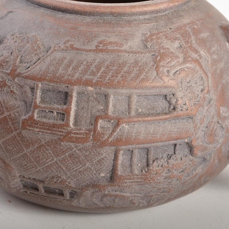 中国　紫砂　朱泥　楼閣山水文　急須　茶壷　在銘　N　6652