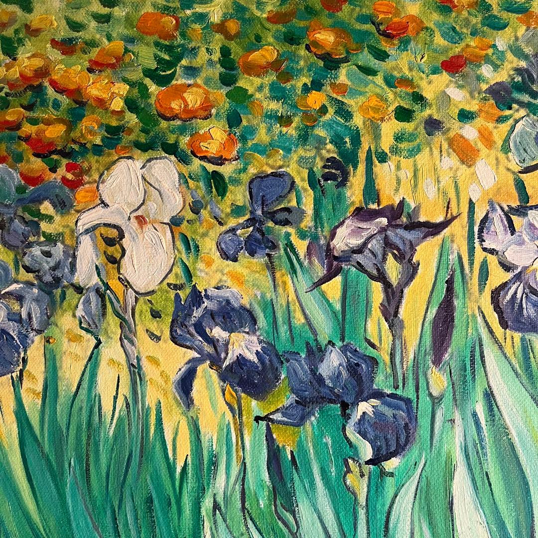 ★秀作★ 手書き油絵 ゴッホ アイリス 肉筆絵画 額付き インテリア 油彩画