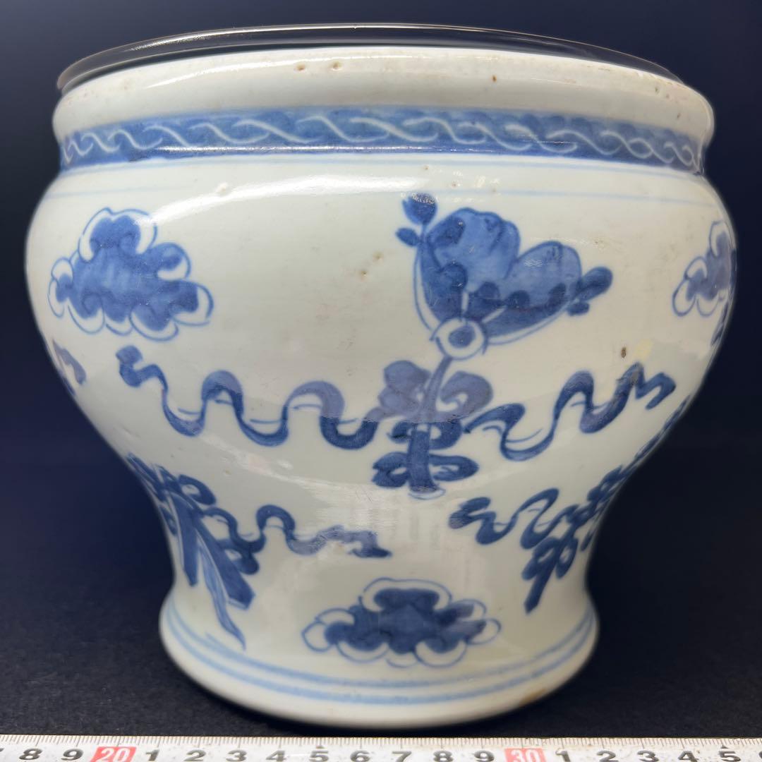 中国清時代青花雲宝文水指木箱付高さ約20.5㎝(蓋込)東な7-1011☆2F