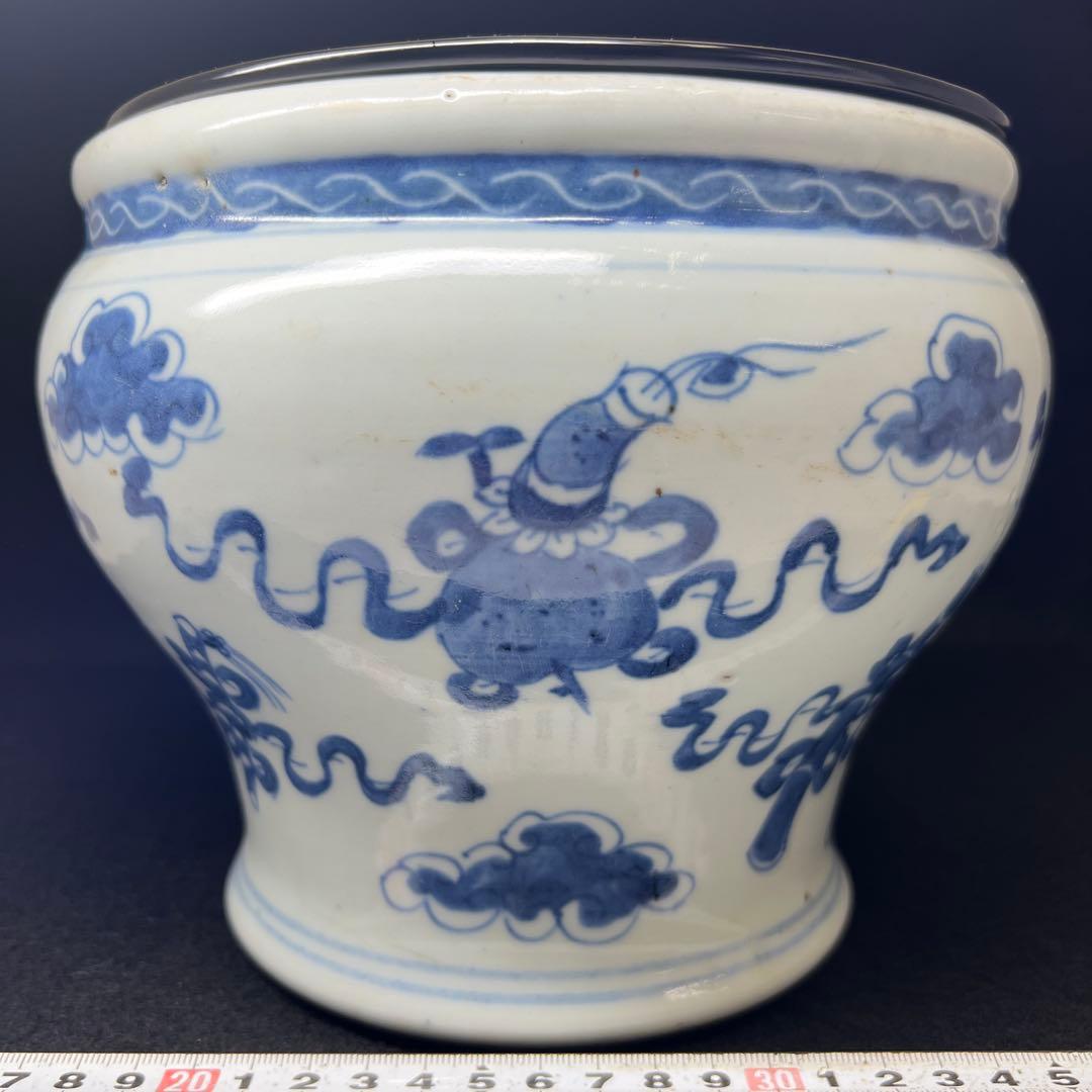 中国清時代青花雲宝文水指木箱付高さ約20.5㎝(蓋込)東な7-1011☆2F