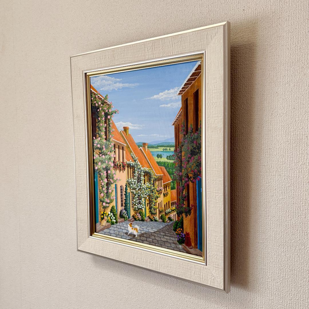 アクリル画　原画　「花の咲く路地14」額縁付き　F6サイズ　風景画