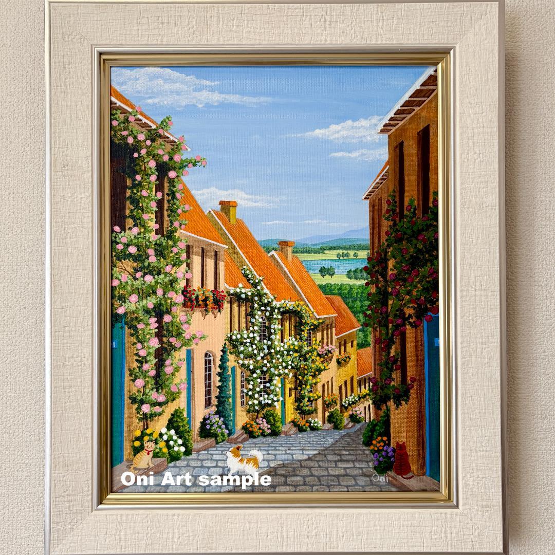 アクリル画　原画　「花の咲く路地14」額縁付き　F6サイズ　風景画
