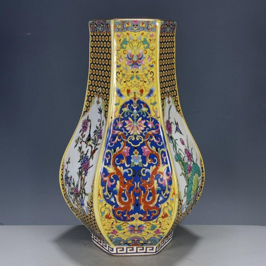 清代雍正彩蒔花鳥多稜花瓶 景徳鎮 陶磁器 装飾品 現代工芸品美術品 置物