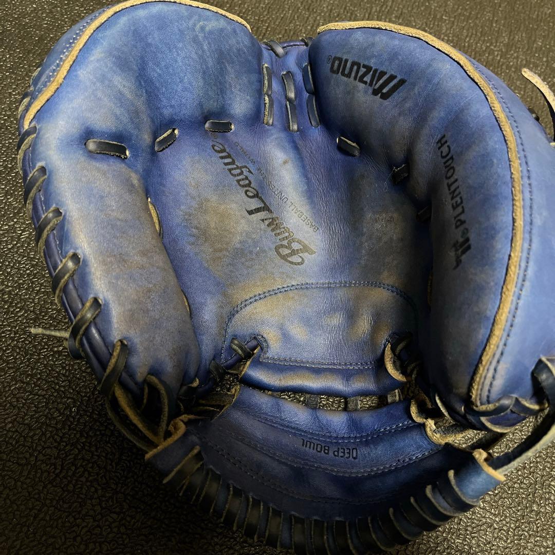 軟式グローブ 青 キャッチャーミット 大人用 100 紐の切れ革の破れ無し