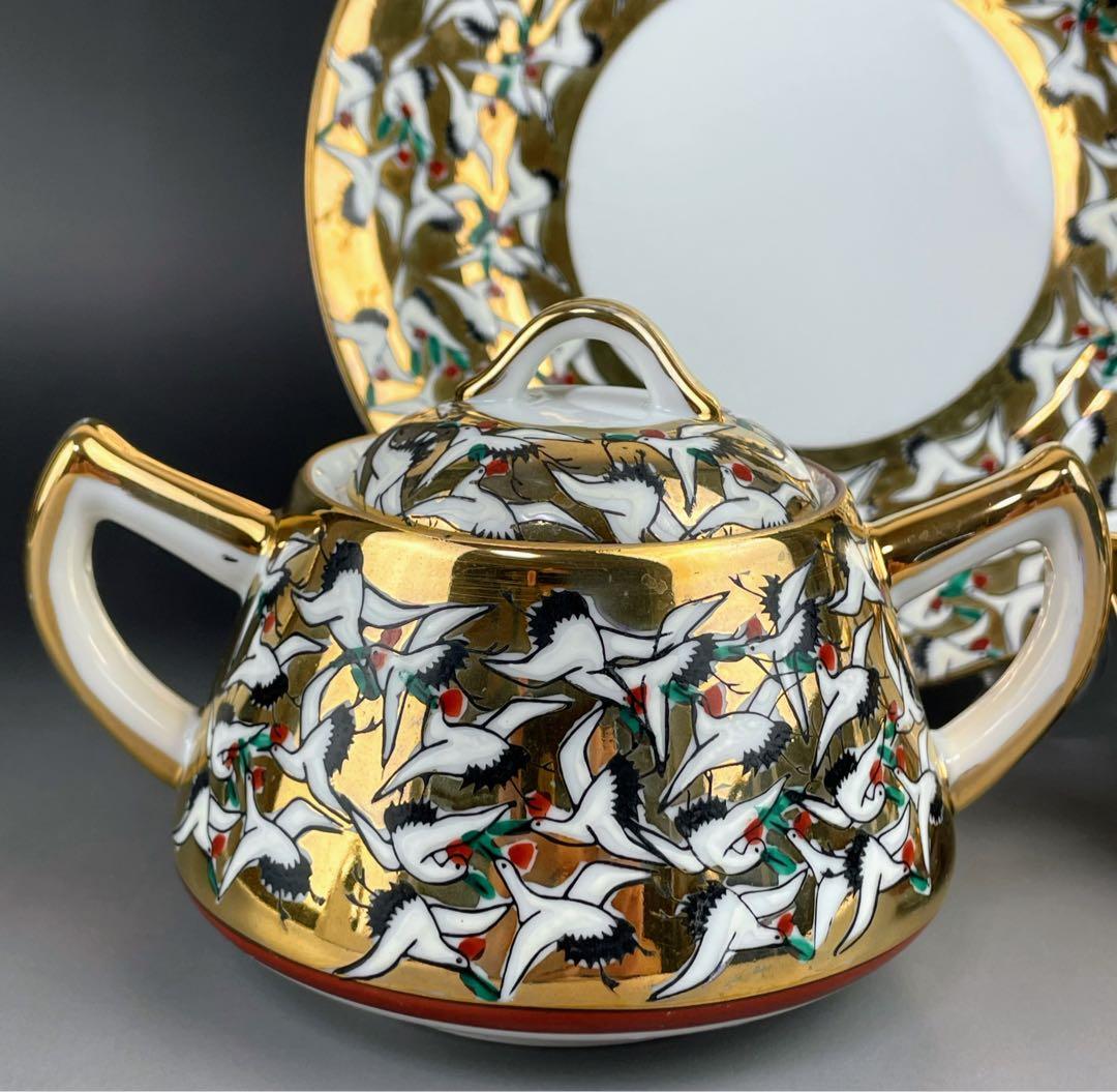 【希少】九谷焼 1000クレーン 鶴 シュガーボウル クリーマー 皿 プレート